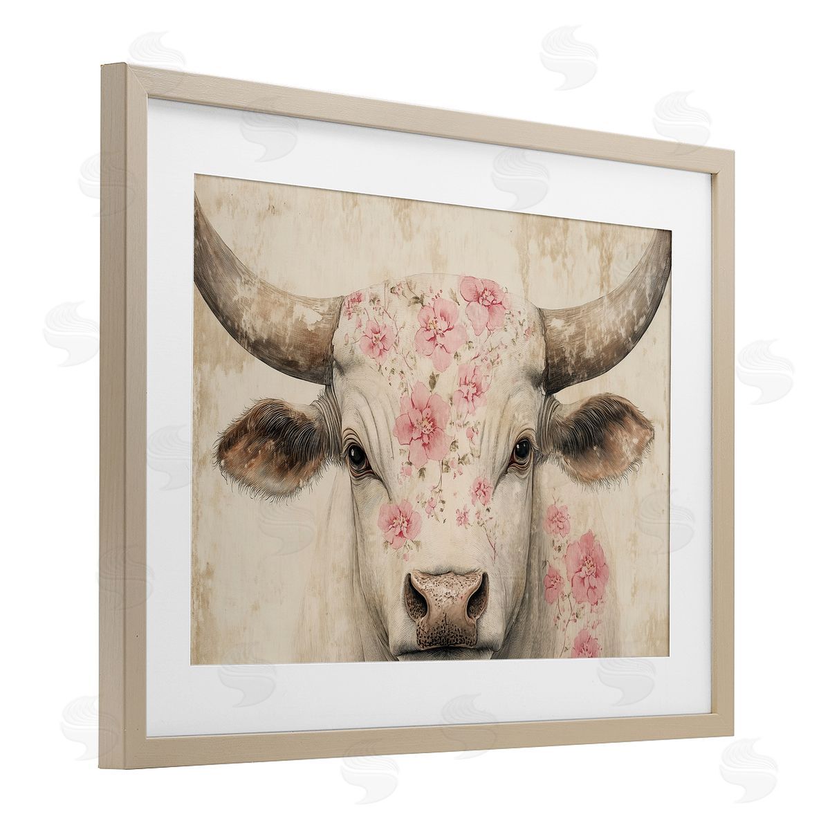 Heidi Kuntz Cattle with Cherry Blossom Pattern Canvas Wall Art Print