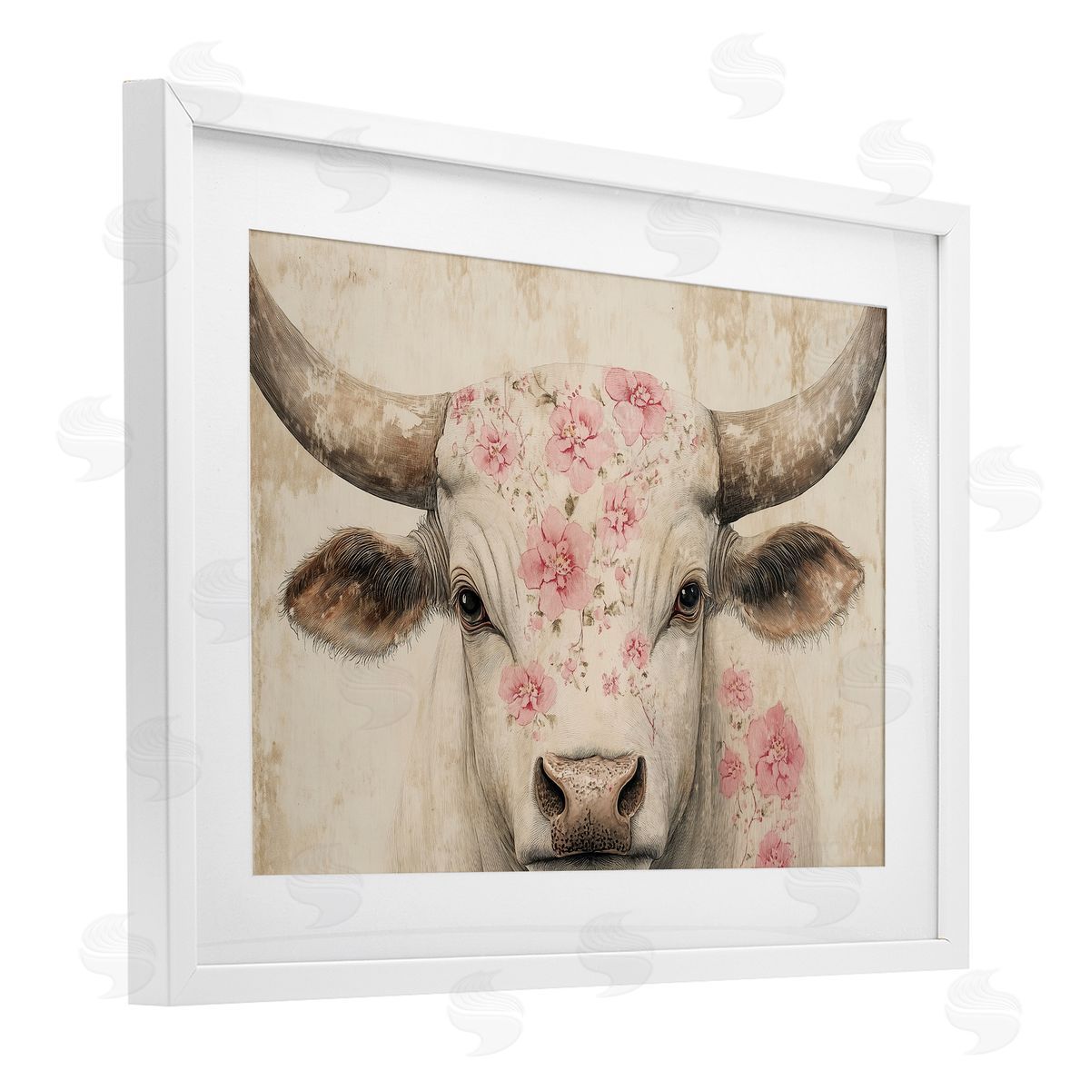 Heidi Kuntz Cattle with Cherry Blossom Pattern Canvas Wall Art Print