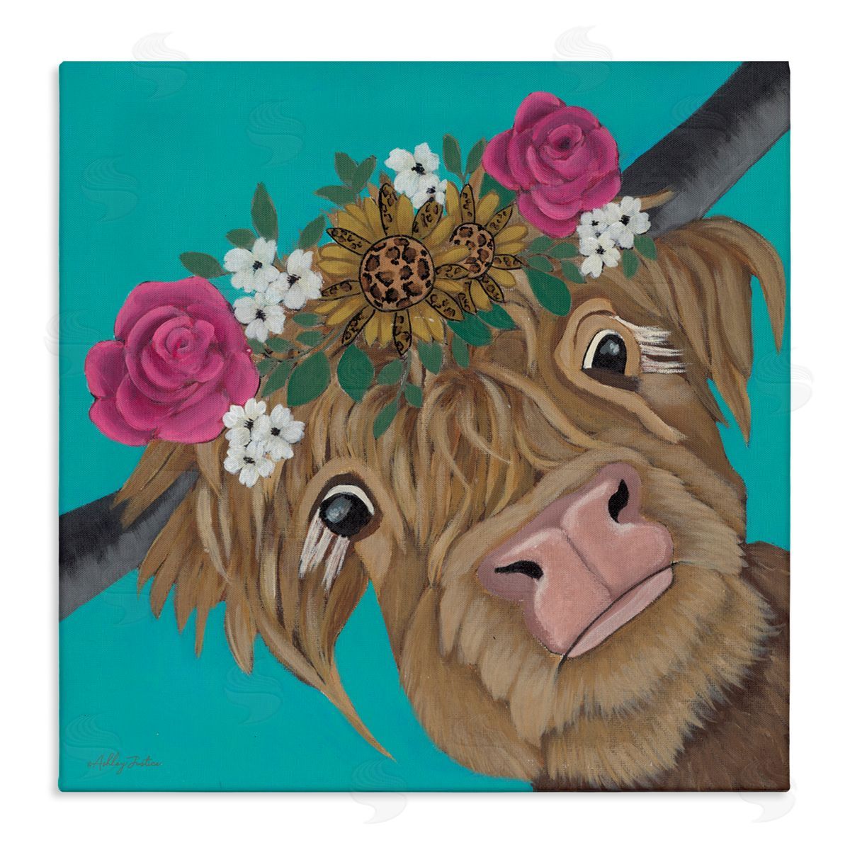 Ashley Justice Joyful Cattle with Flower Crown Canvas Wall Art Print