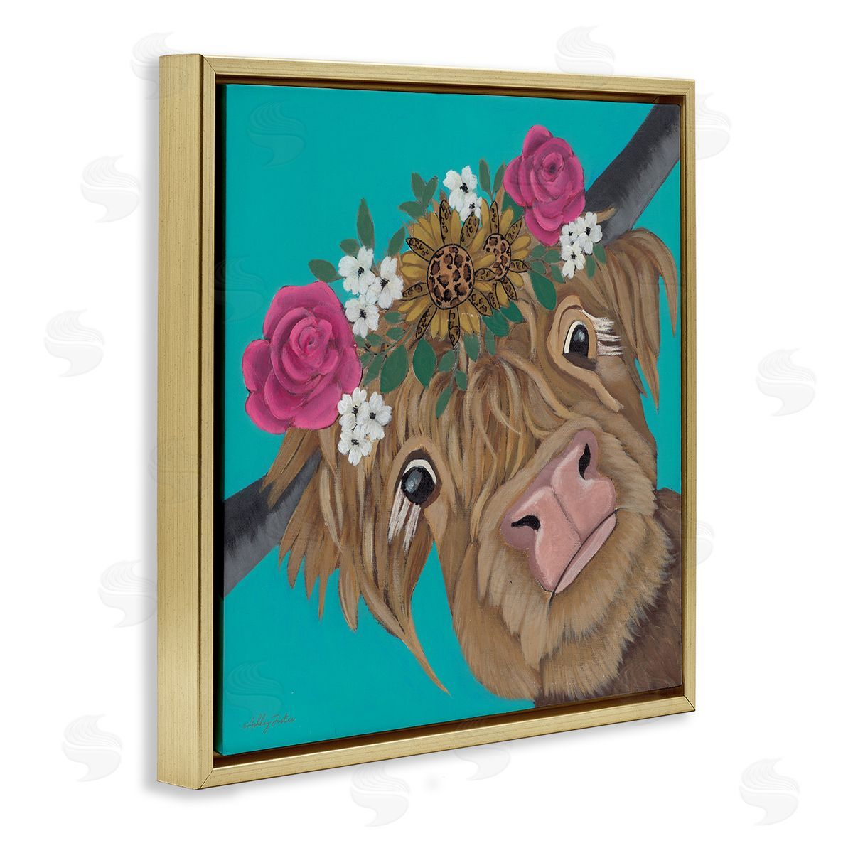 Ashley Justice Joyful Cattle with Flower Crown Canvas Wall Art Print