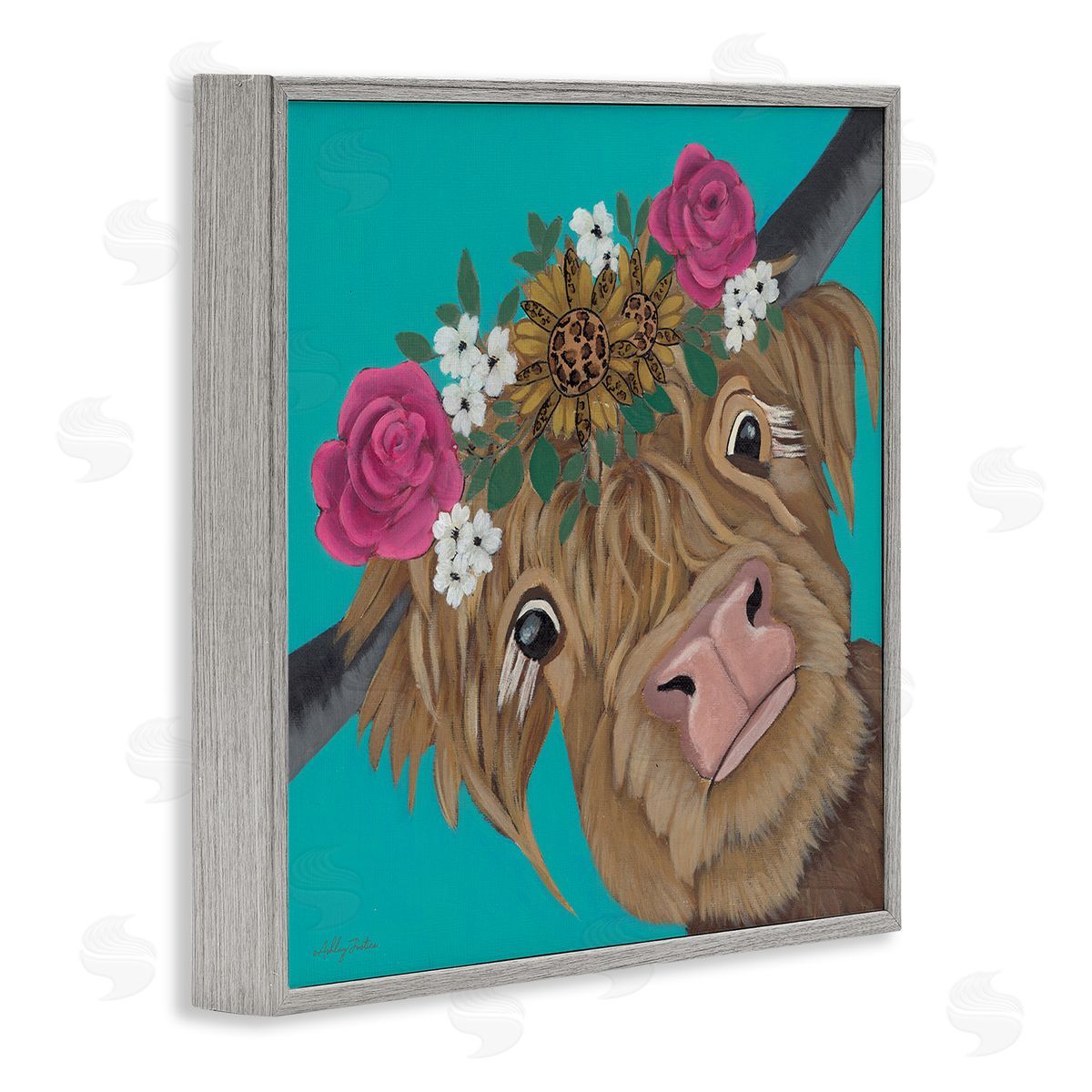 Ashley Justice Joyful Cattle with Flower Crown Canvas Wall Art Print