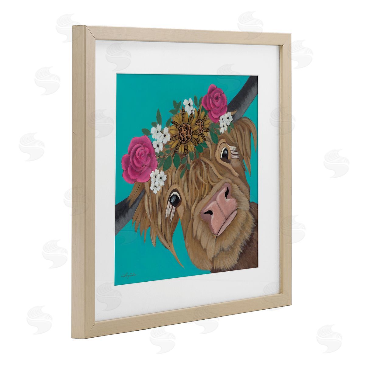 Ashley Justice Joyful Cattle with Flower Crown Canvas Wall Art Print