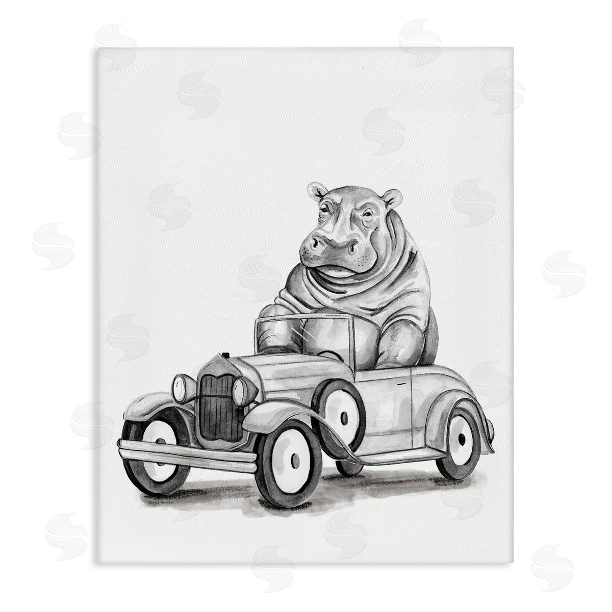 Rachel Nieman Hippo in Vintage Vehicle Canvas Wall Art Print