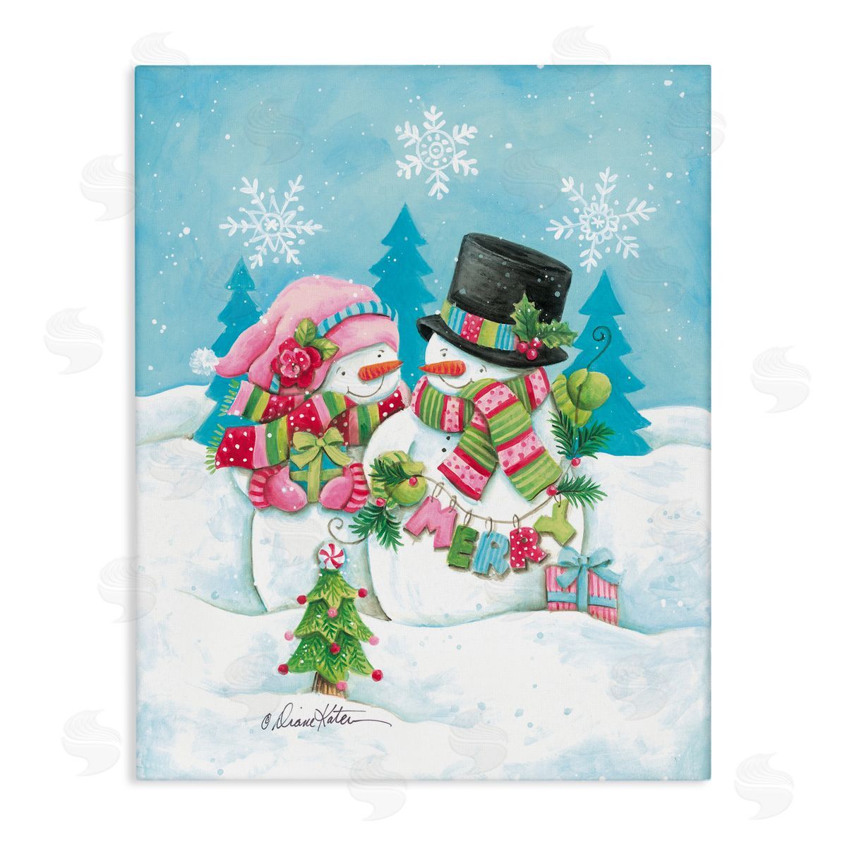 Diane Kater Vintage Festive Snowmen Canvas Wall Art Print