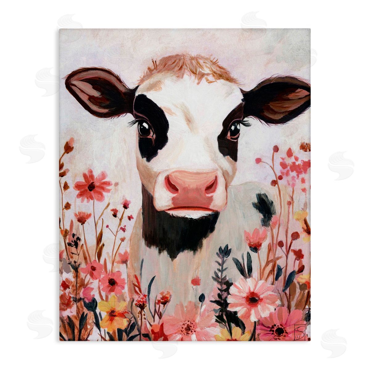 Sara Culpepper Cow and Pink Wild Flowers Canvas Wall Art Print