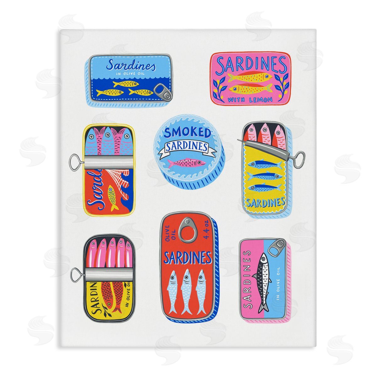 Bex Morley Design Bright & Pastel Sardine Tins Canvas Wall Art Print