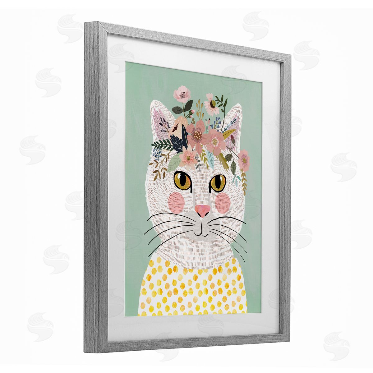 Mia Charro Playful White Cat with Flowers Canvas Wall Art Print