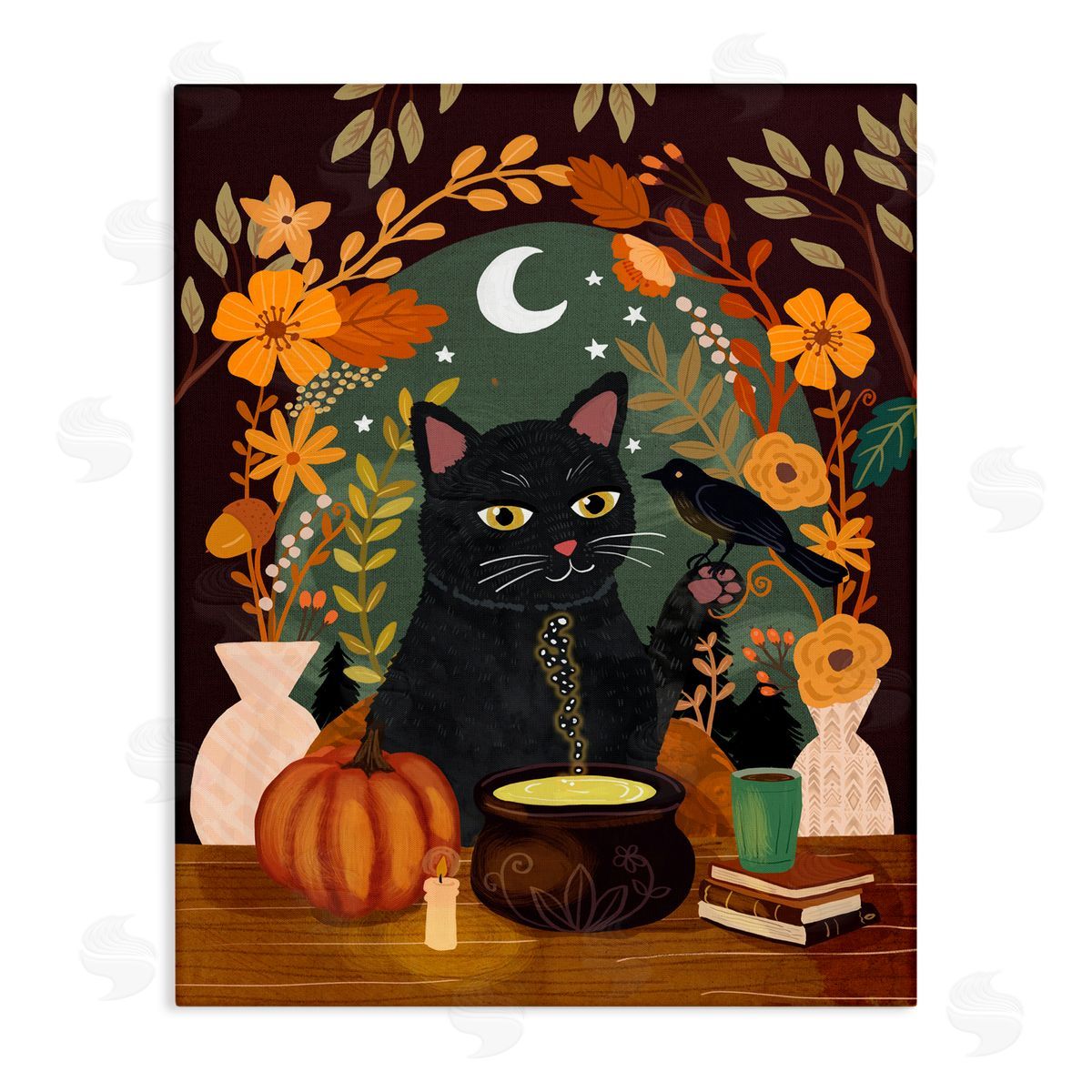 Mia Charro Autumnal Cat & Cauldron Canvas Wall Art Print
