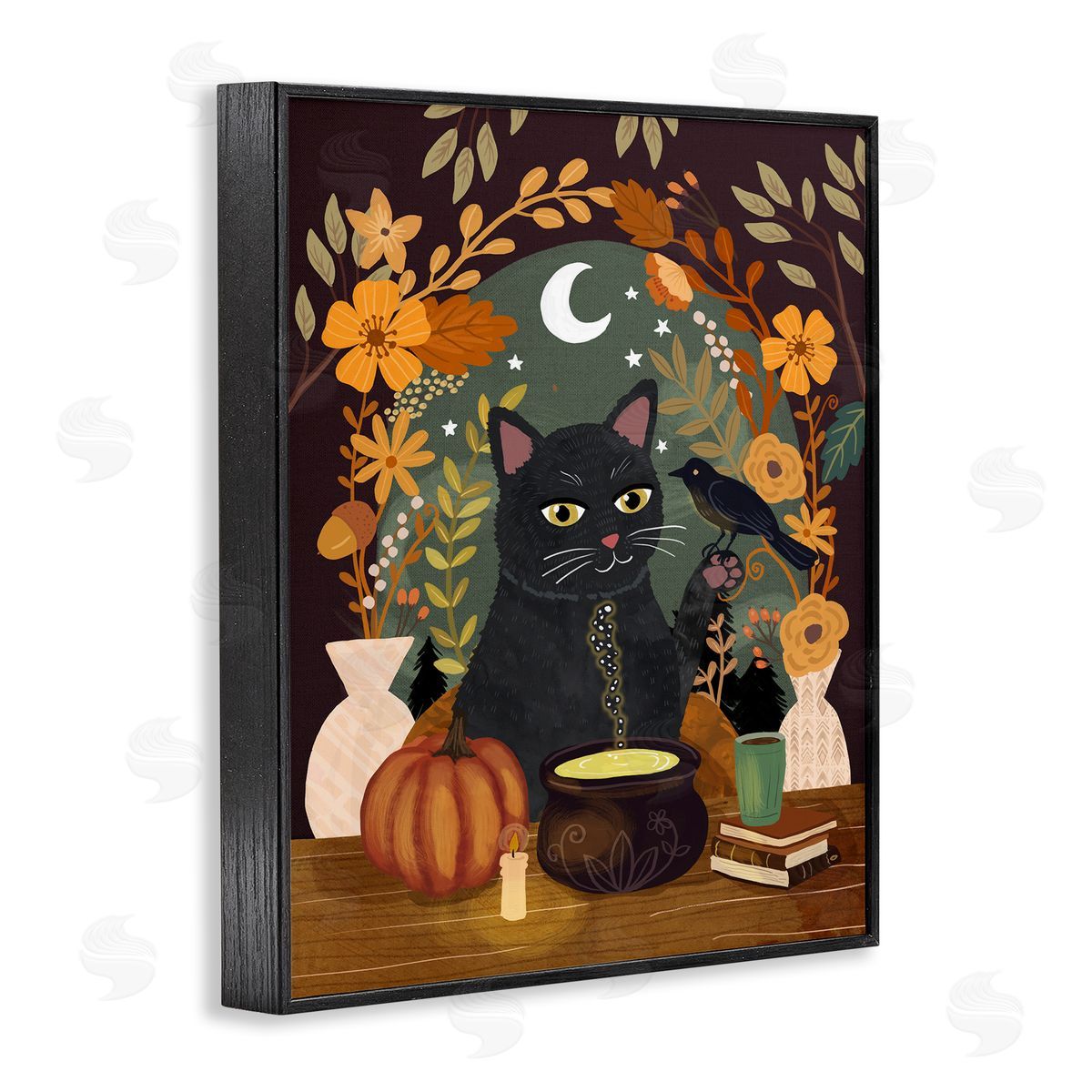 Mia Charro Autumnal Cat & Cauldron Canvas Wall Art Print