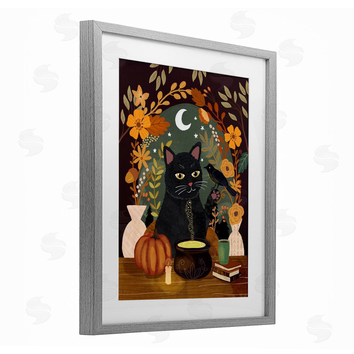 Mia Charro Autumnal Cat & Cauldron Canvas Wall Art Print