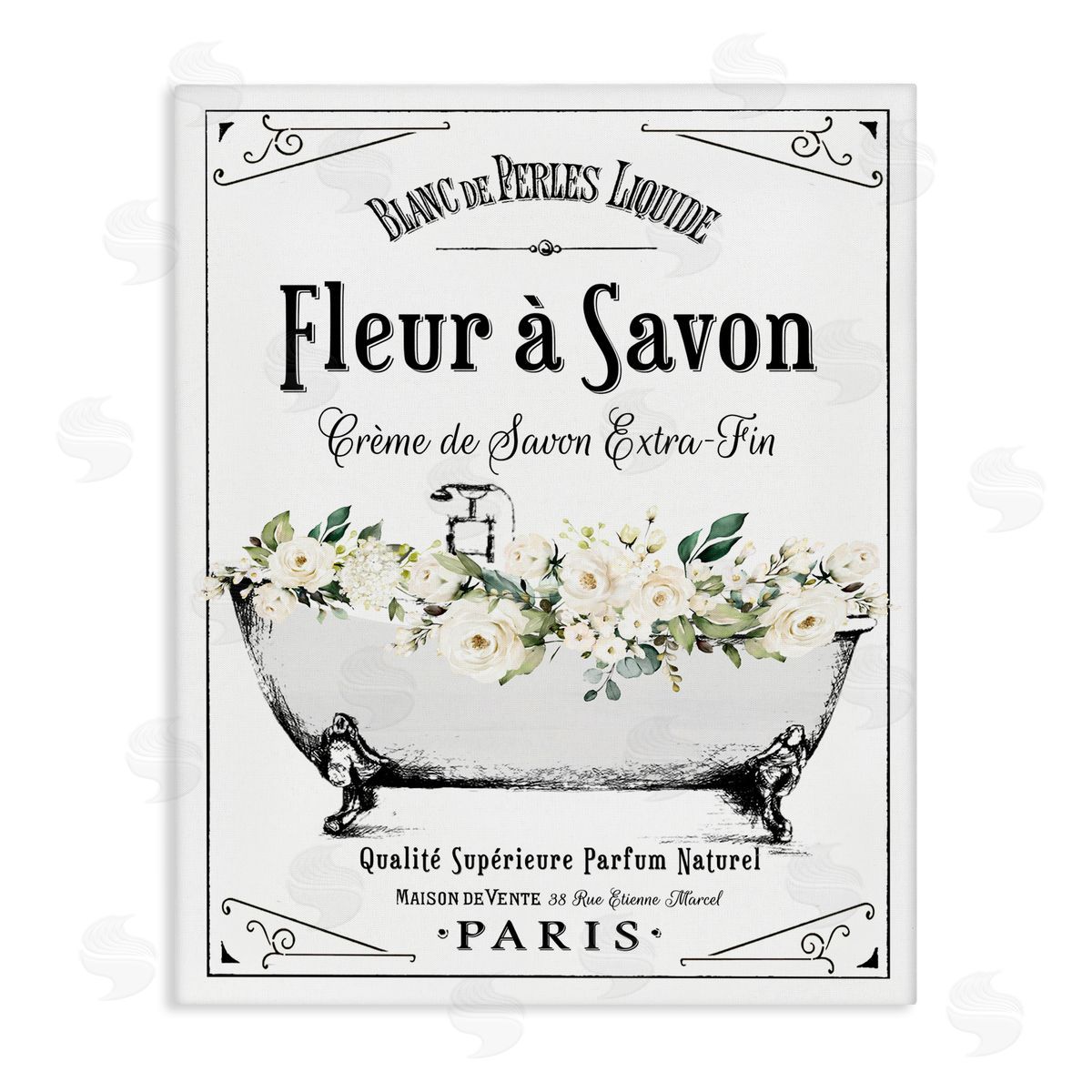 Lettered and Lined White Florals French Bathtub Canvas Wall Art Print