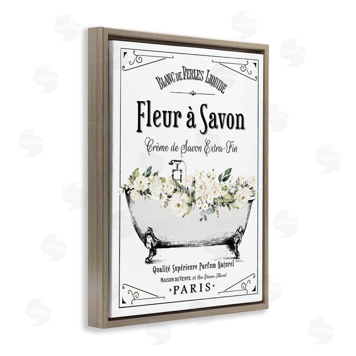 Lettered and Lined White Florals French Bathtub Canvas Wall Art Print