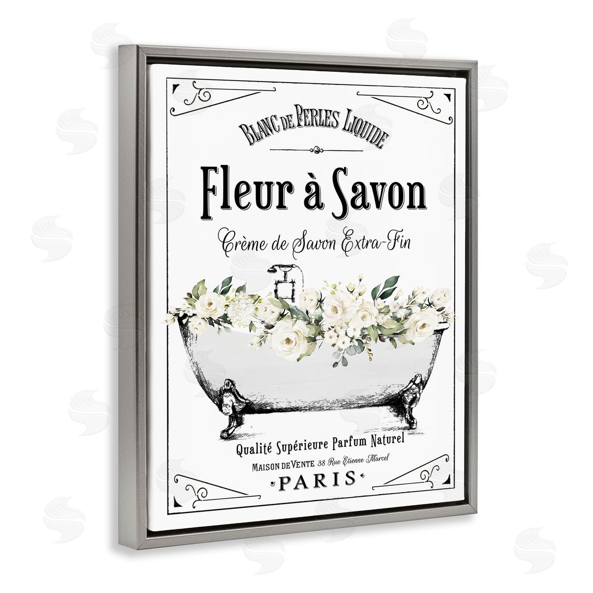 Lettered and Lined White Florals French Bathtub Canvas Wall Art Print