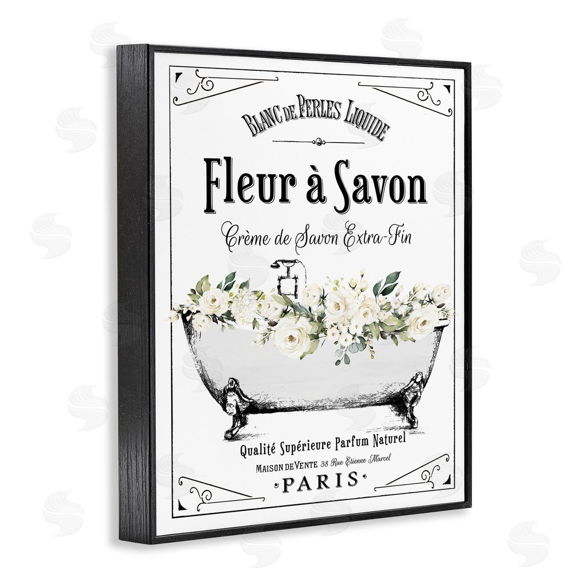 Lettered and Lined White Florals French Bathtub Canvas Wall Art Print