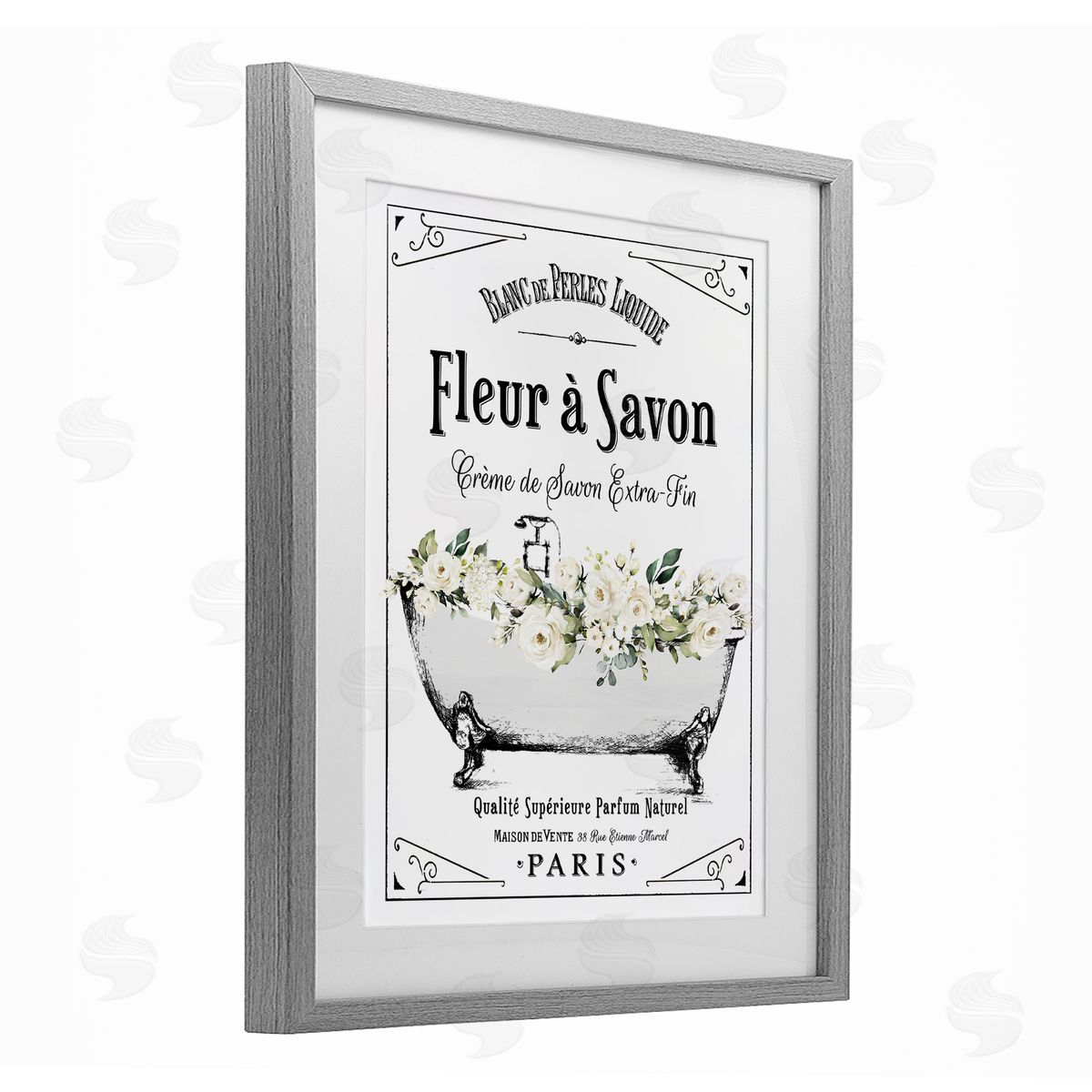 Lettered and Lined White Florals French Bathtub Canvas Wall Art Print