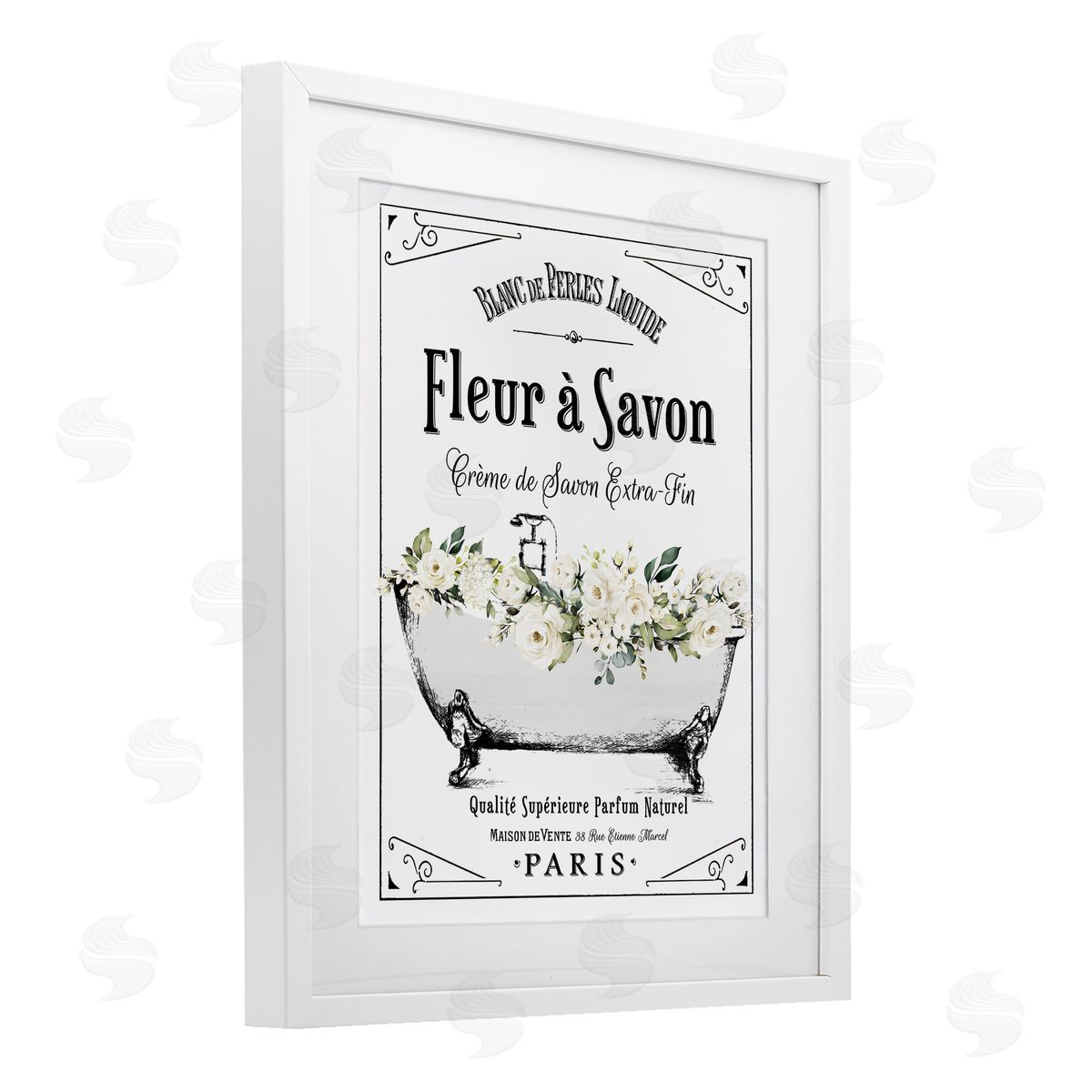 Lettered and Lined White Florals French Bathtub Canvas Wall Art Print