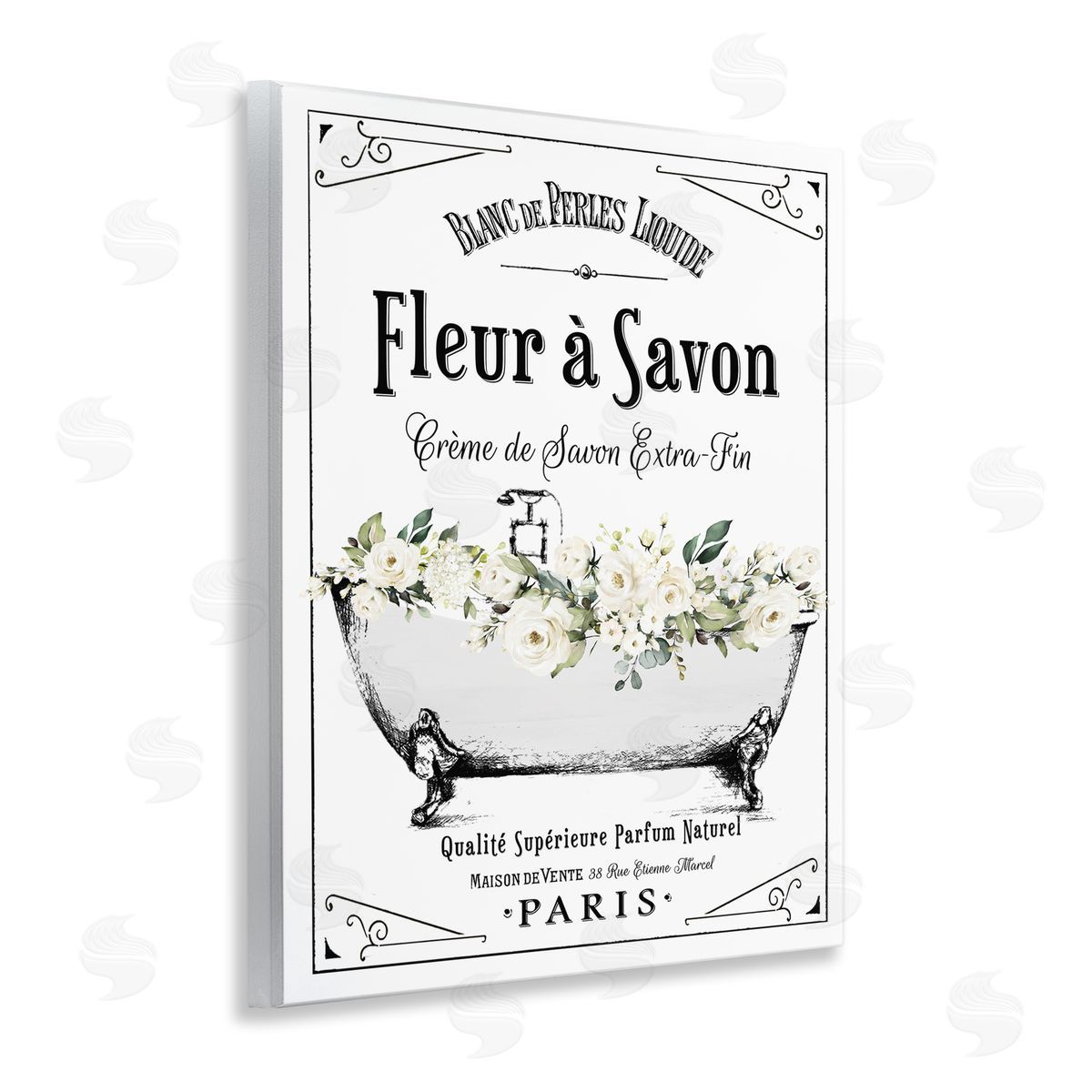 Lettered and Lined White Florals French Bathtub Canvas Wall Art Print