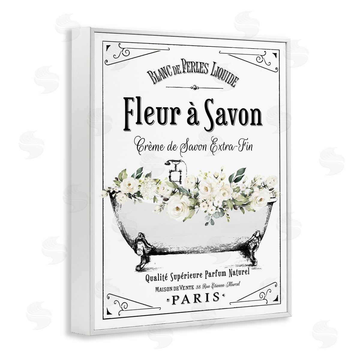 Lettered and Lined White Florals French Bathtub Canvas Wall Art Print