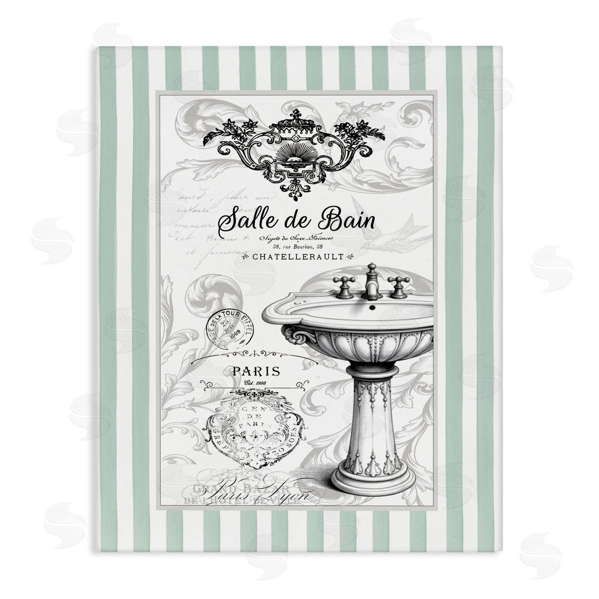 Lettered and Lined French Bathroom Sink Stripes Canvas Wall Art Print