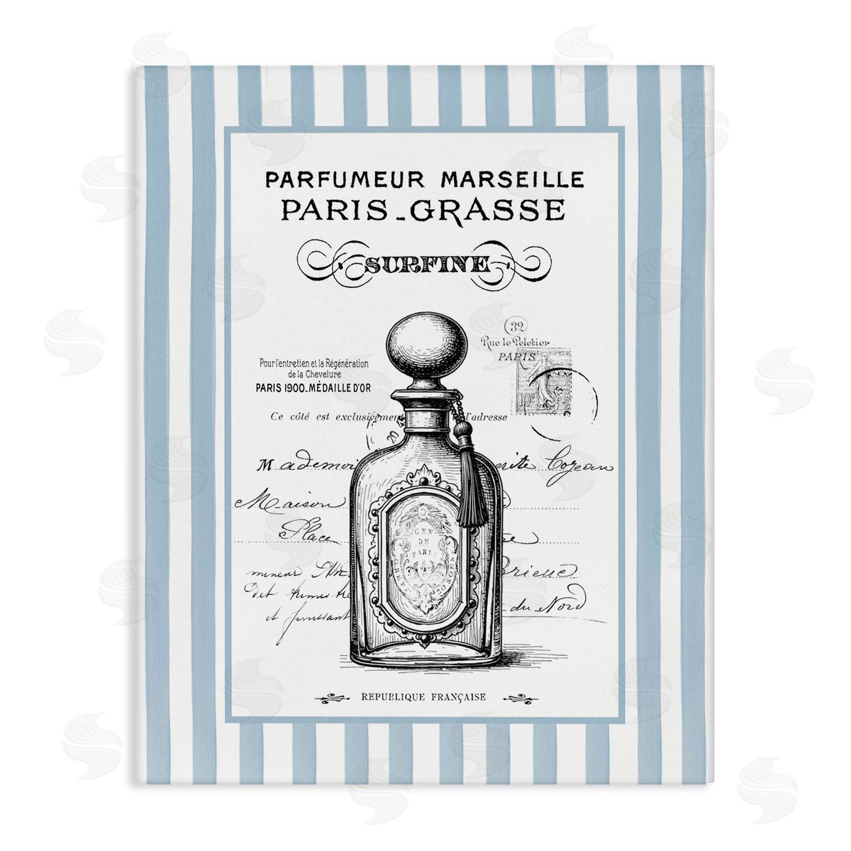 Lettered and Lined French Perfume on Stripes Canvas Wall Art Print