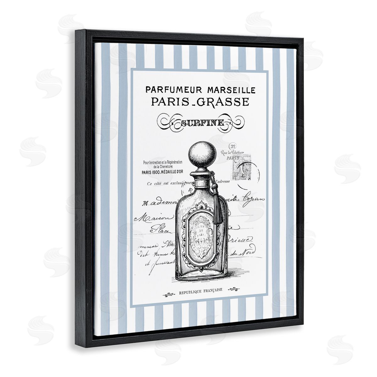 Lettered and Lined French Perfume on Stripes Canvas Wall Art Print