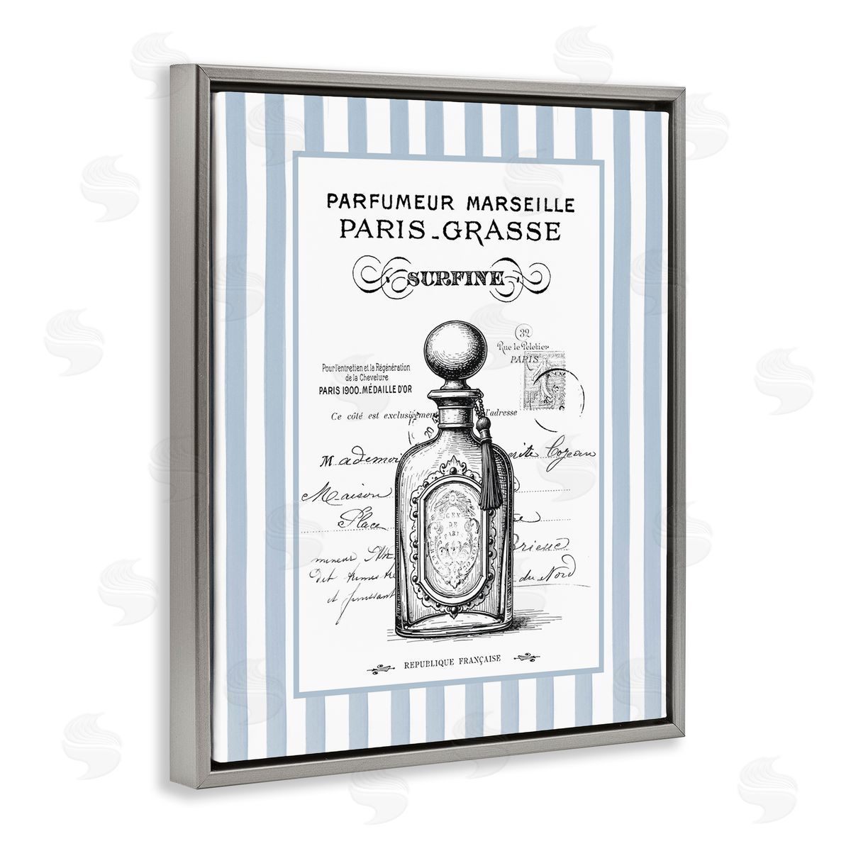 Lettered and Lined French Perfume on Stripes Canvas Wall Art Print