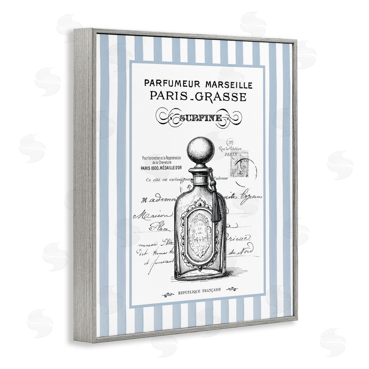 Lettered and Lined French Perfume on Stripes Canvas Wall Art Print