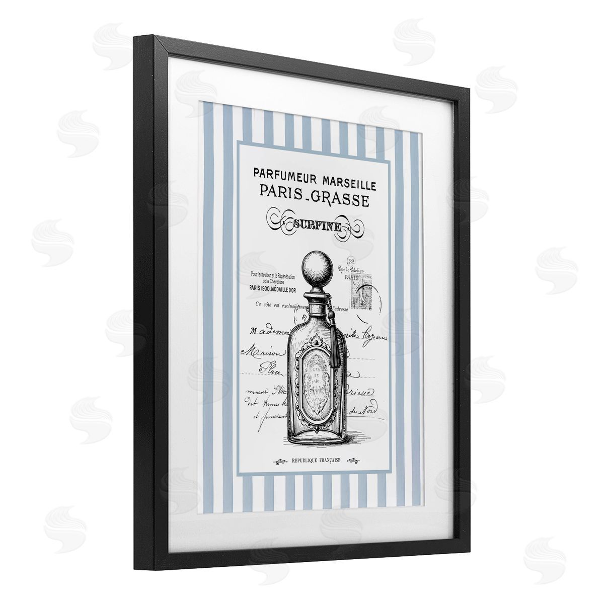 Lettered and Lined French Perfume on Stripes Canvas Wall Art Print