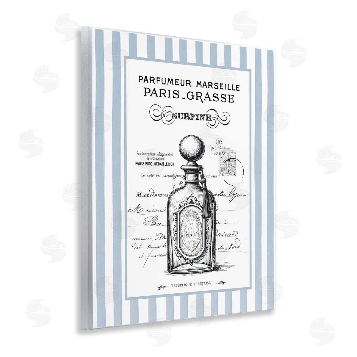 Lettered and Lined French Perfume on Stripes Canvas Wall Art Print