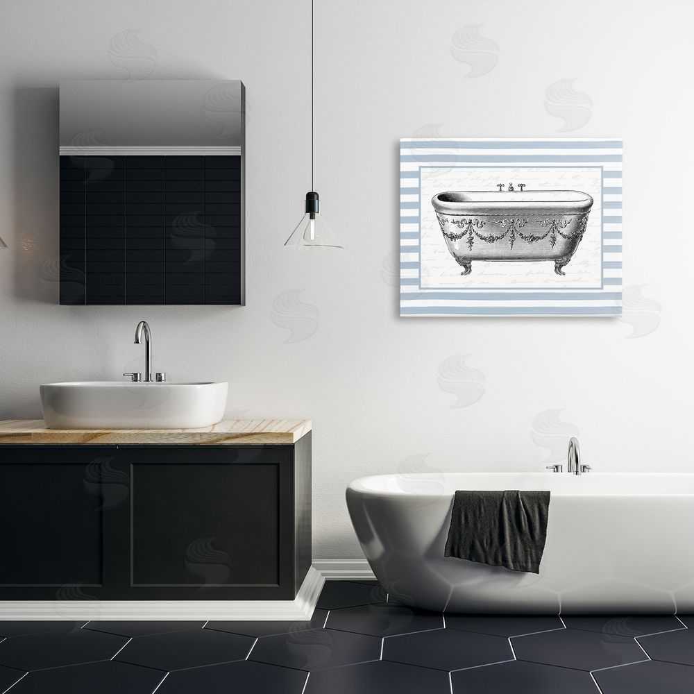 Lettered and Lined Ornate Vintage Tub on Stripes Printed Wall Art in Room