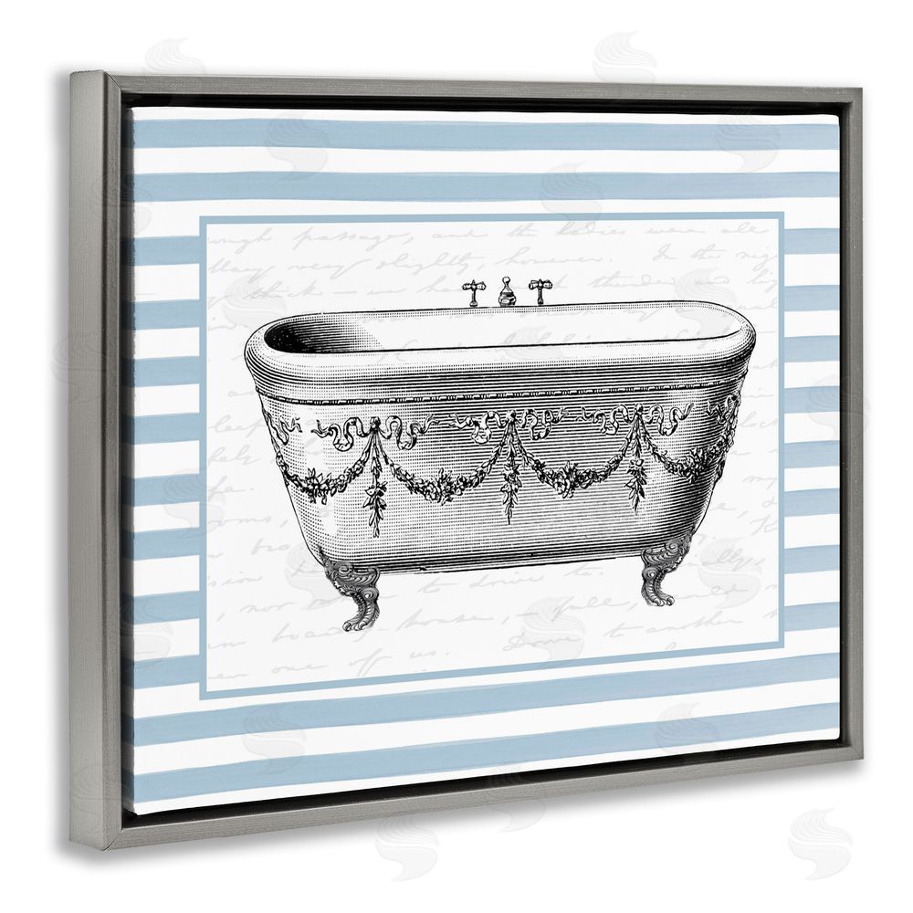 Lettered and Lined Ornate Vintage Tub on Stripes Gray Floating Frame Canvas Art Print