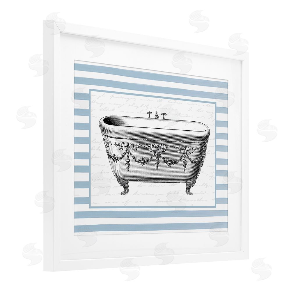Lettered and Lined Ornate Vintage Tub on Stripes White Framed Print Under Glass Art