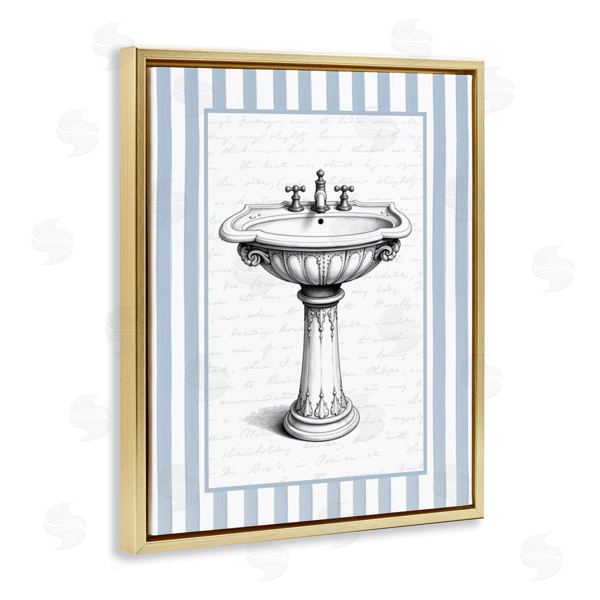Lettered and Lined Vintage Sink Blue Stripes Canvas Wall Art Print