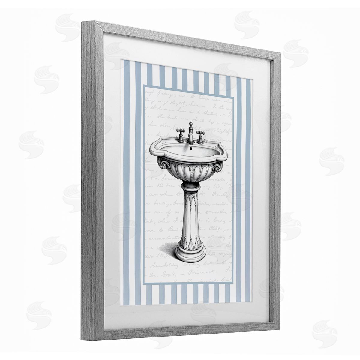 Lettered and Lined Vintage Sink Blue Stripes Canvas Wall Art Print