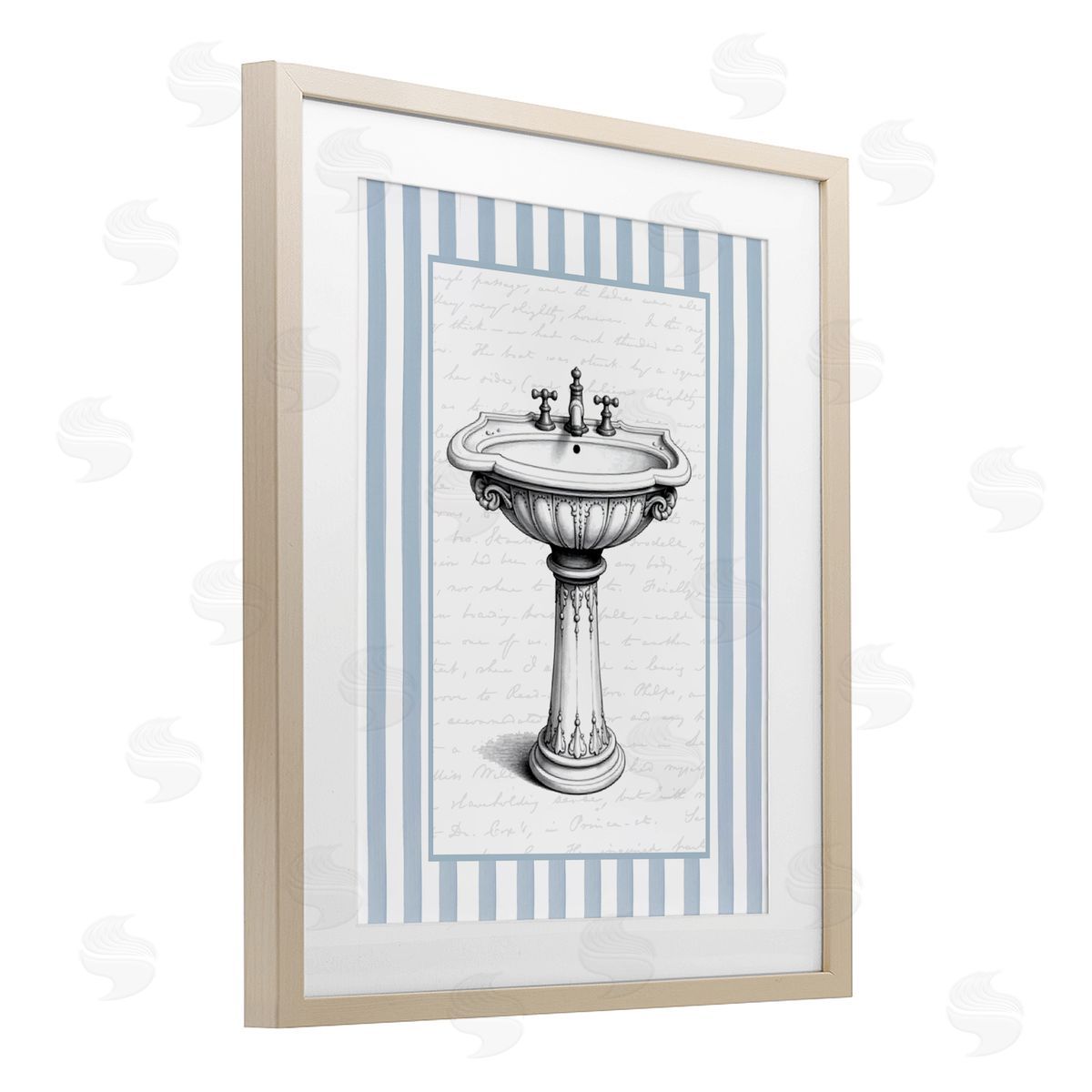 Lettered and Lined Vintage Sink Blue Stripes Canvas Wall Art Print
