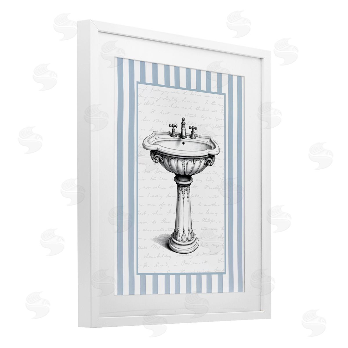 Lettered and Lined Vintage Sink Blue Stripes Canvas Wall Art Print