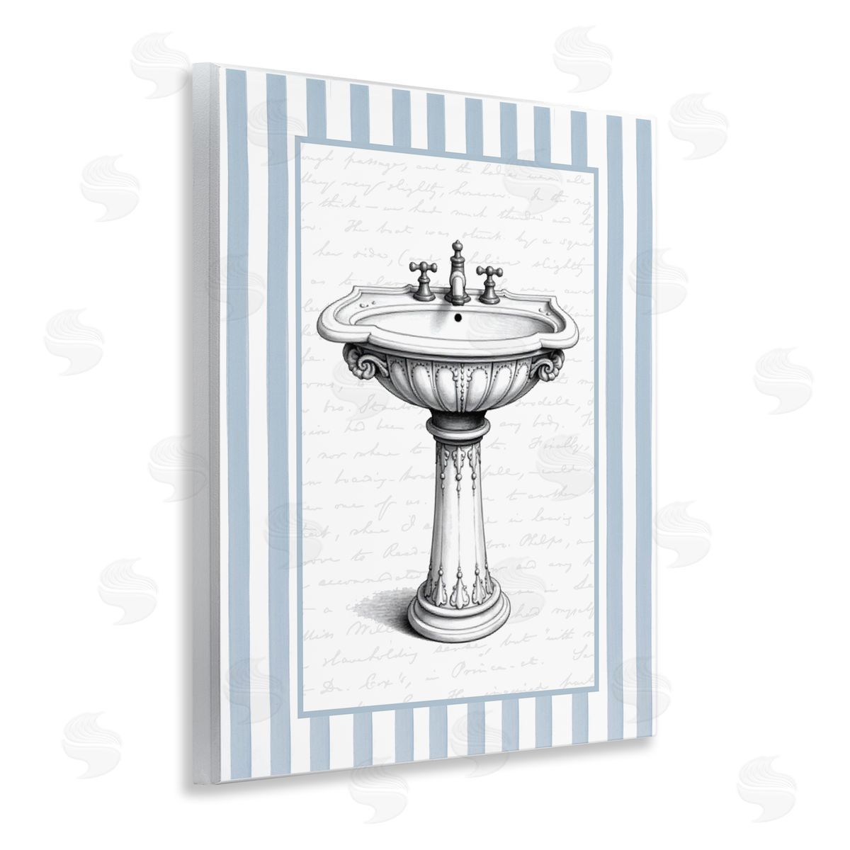 Lettered and Lined Vintage Sink Blue Stripes Canvas Wall Art Print