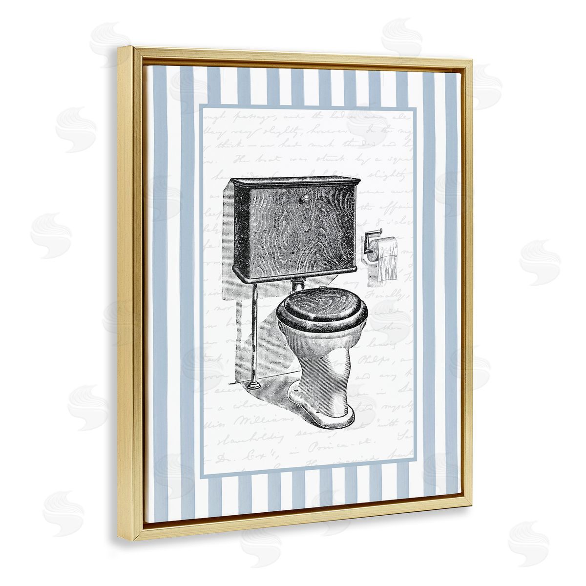 Lettered and Lined Vintage Toilet Blue Stripes Canvas Wall Art Print