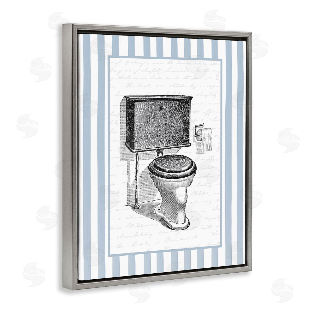 Lettered and Lined Vintage Toilet Blue Stripes Canvas Wall Art Print