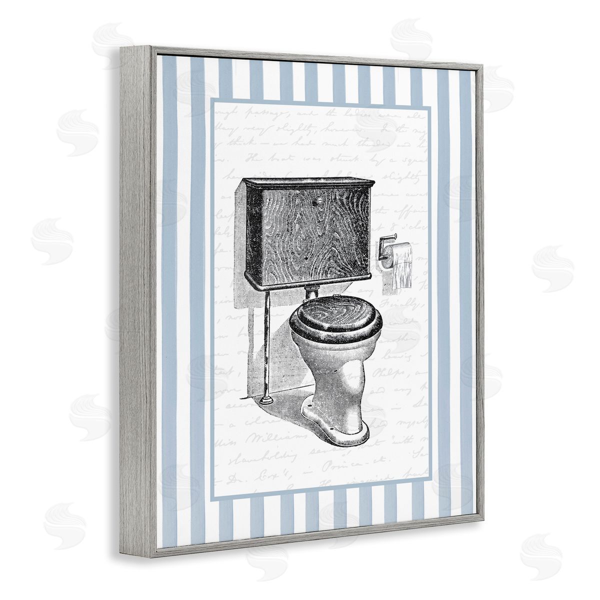 Lettered and Lined Vintage Toilet Blue Stripes Canvas Wall Art Print