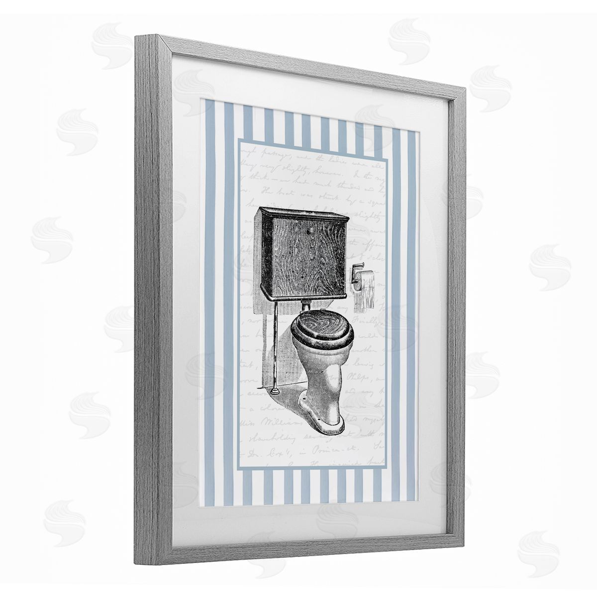 Lettered and Lined Vintage Toilet Blue Stripes Canvas Wall Art Print