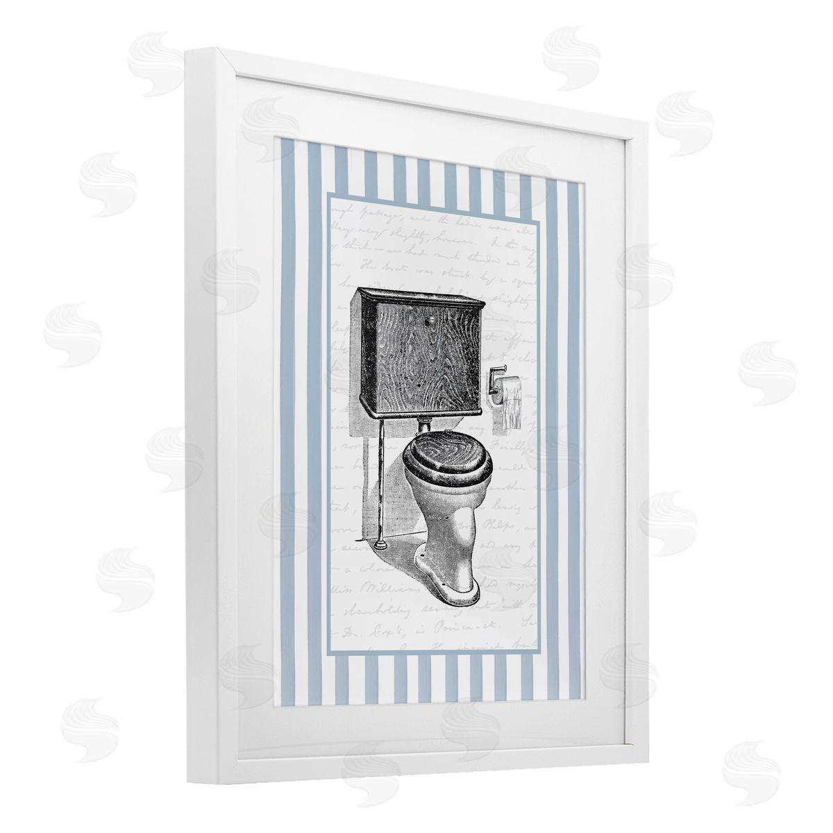 Lettered and Lined Vintage Toilet Blue Stripes Canvas Wall Art Print