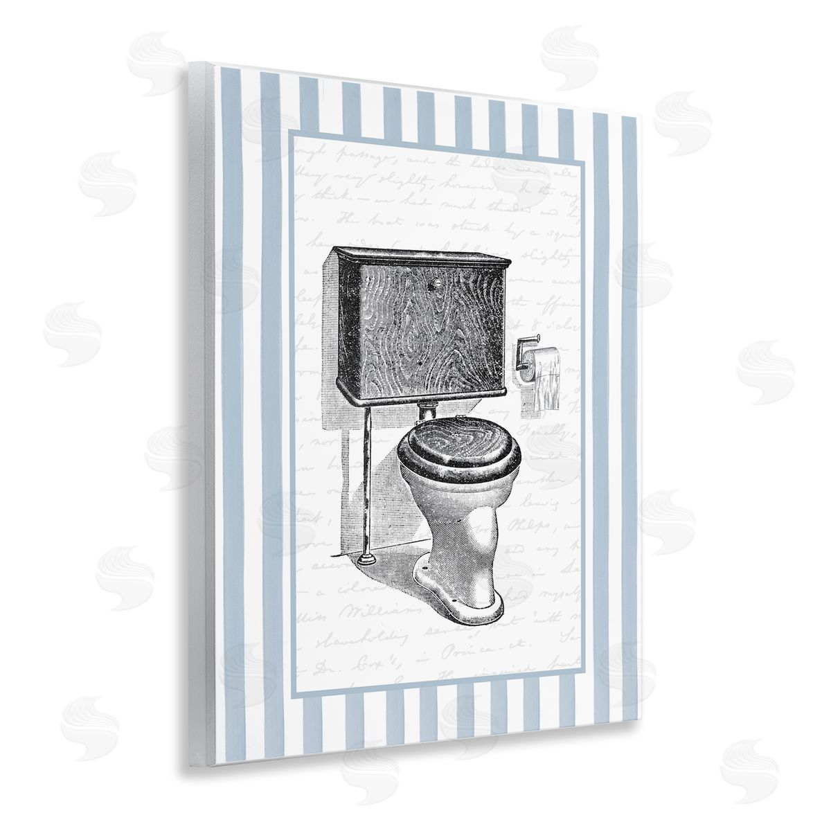 Lettered and Lined Vintage Toilet Blue Stripes Canvas Wall Art Print