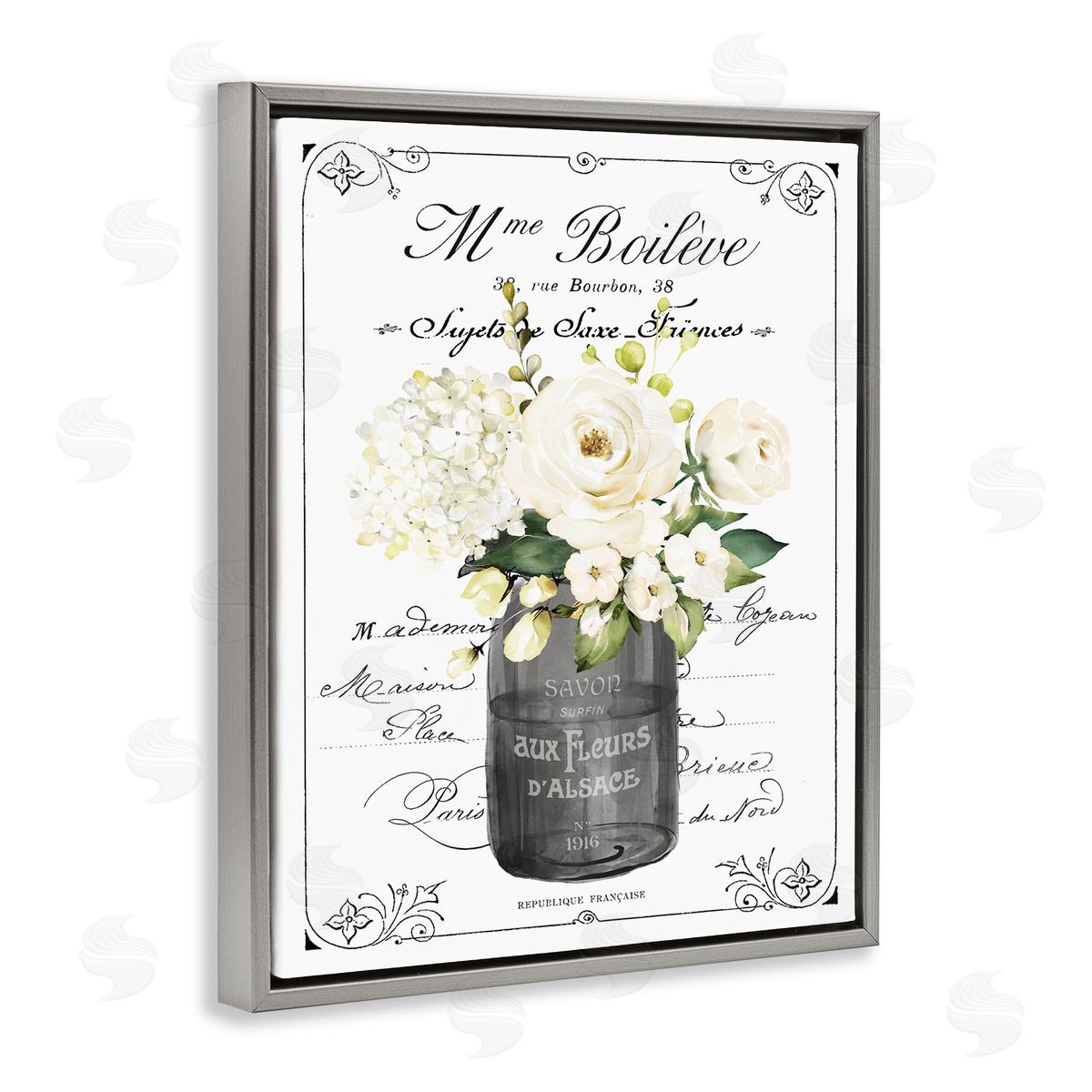 Lettered and Lined French Vintage Flowers with Script Canvas Wall Art Print
