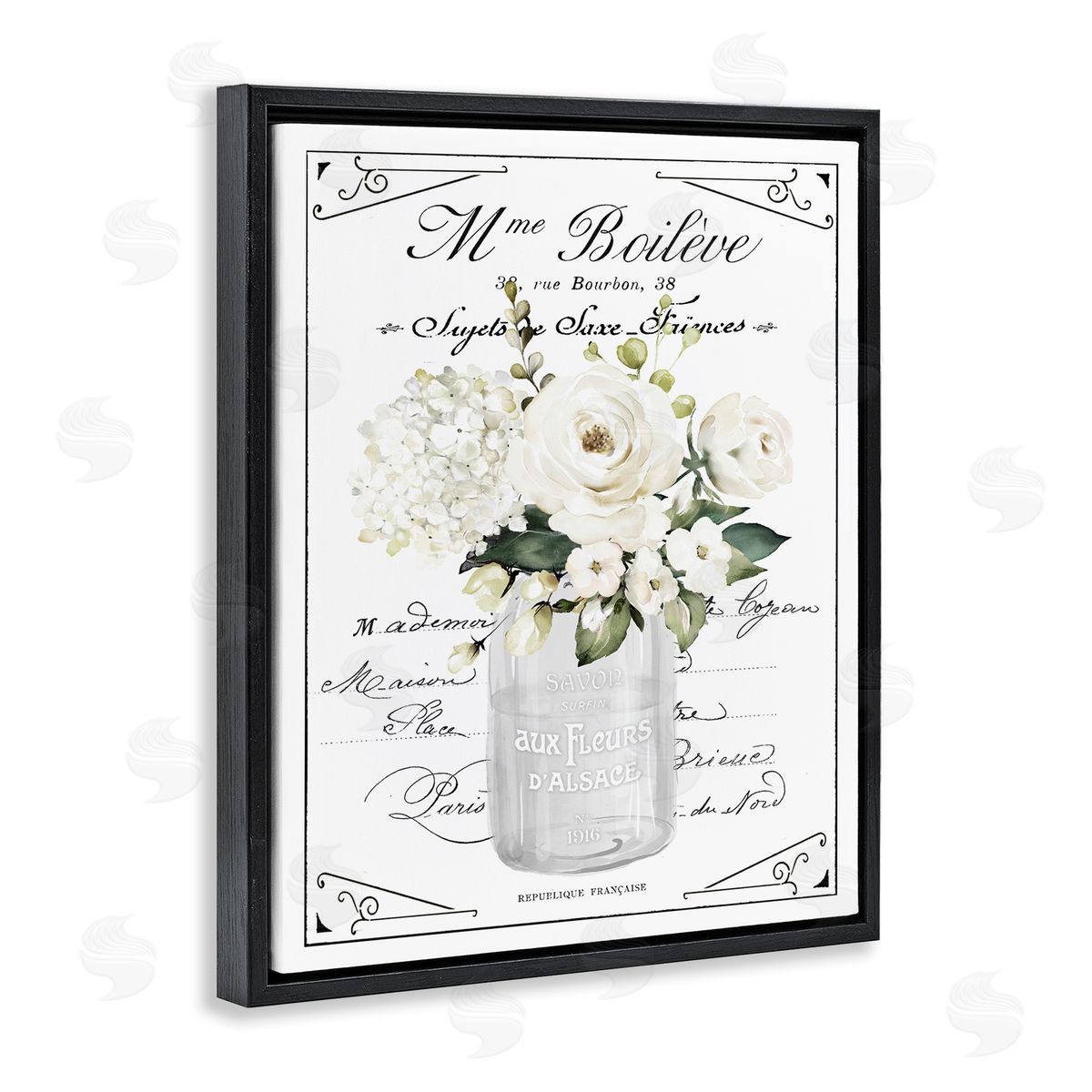 Lettered and Lined French White Flowers & Cursive Canvas Wall Art Print