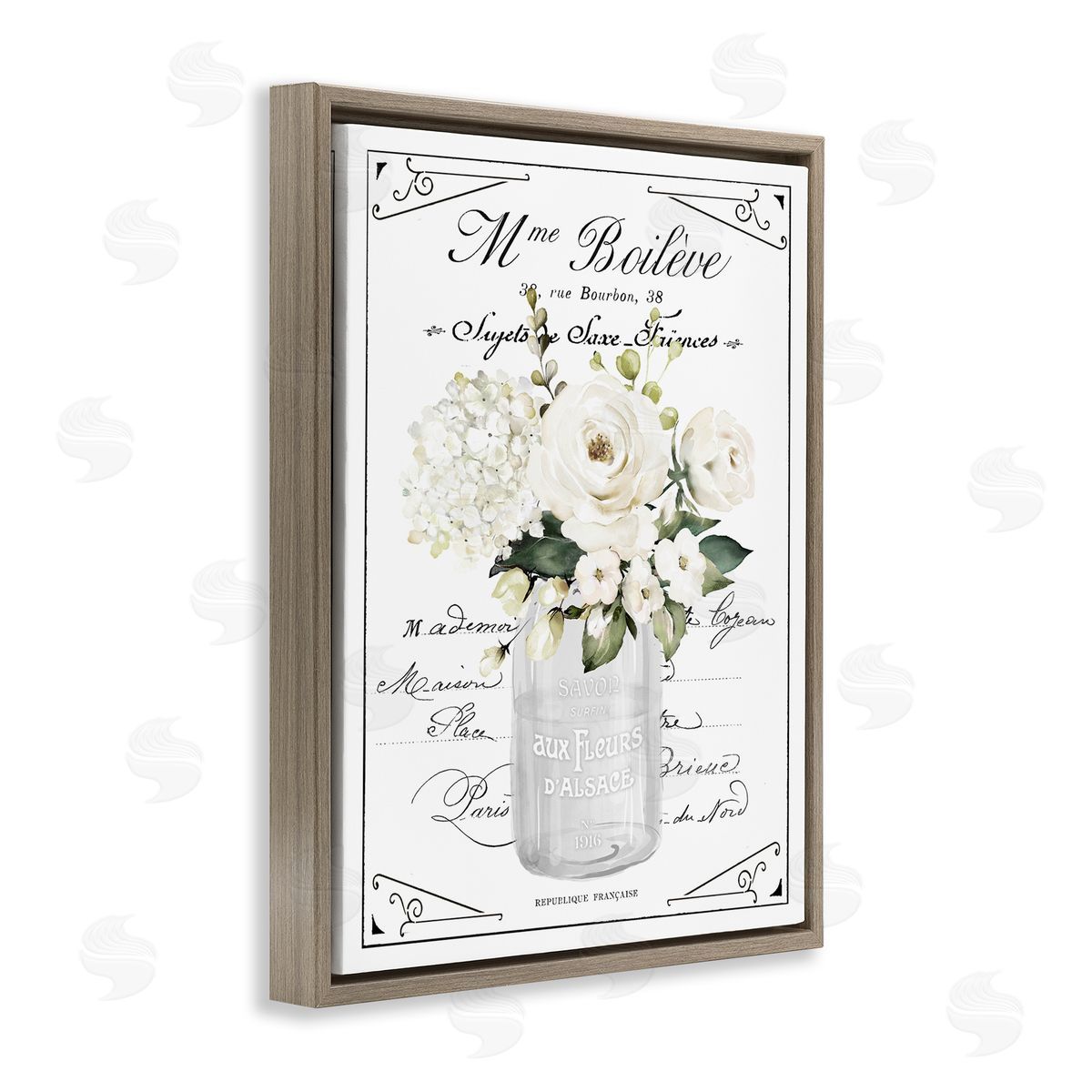 Lettered and Lined French White Flowers & Cursive Canvas Wall Art Print
