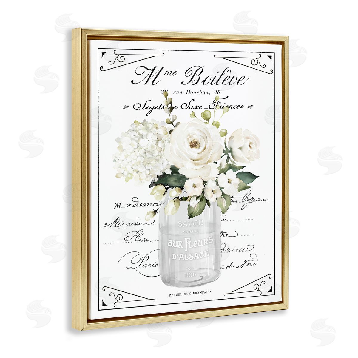 Lettered and Lined French White Flowers & Cursive Canvas Wall Art Print