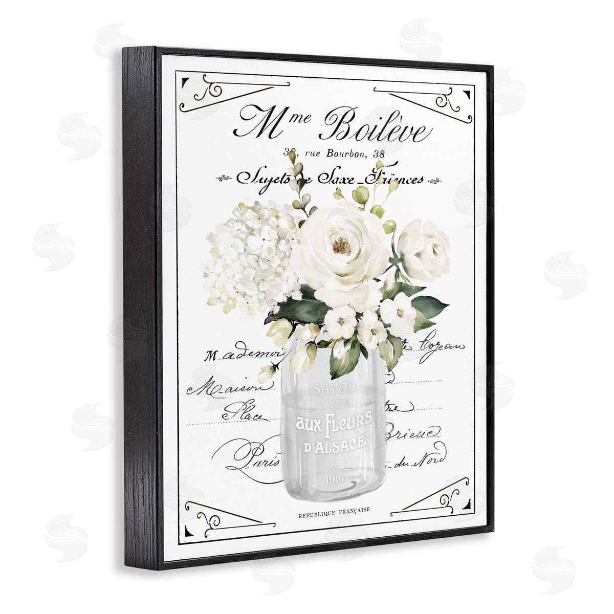 Lettered and Lined French White Flowers & Cursive Canvas Wall Art Print