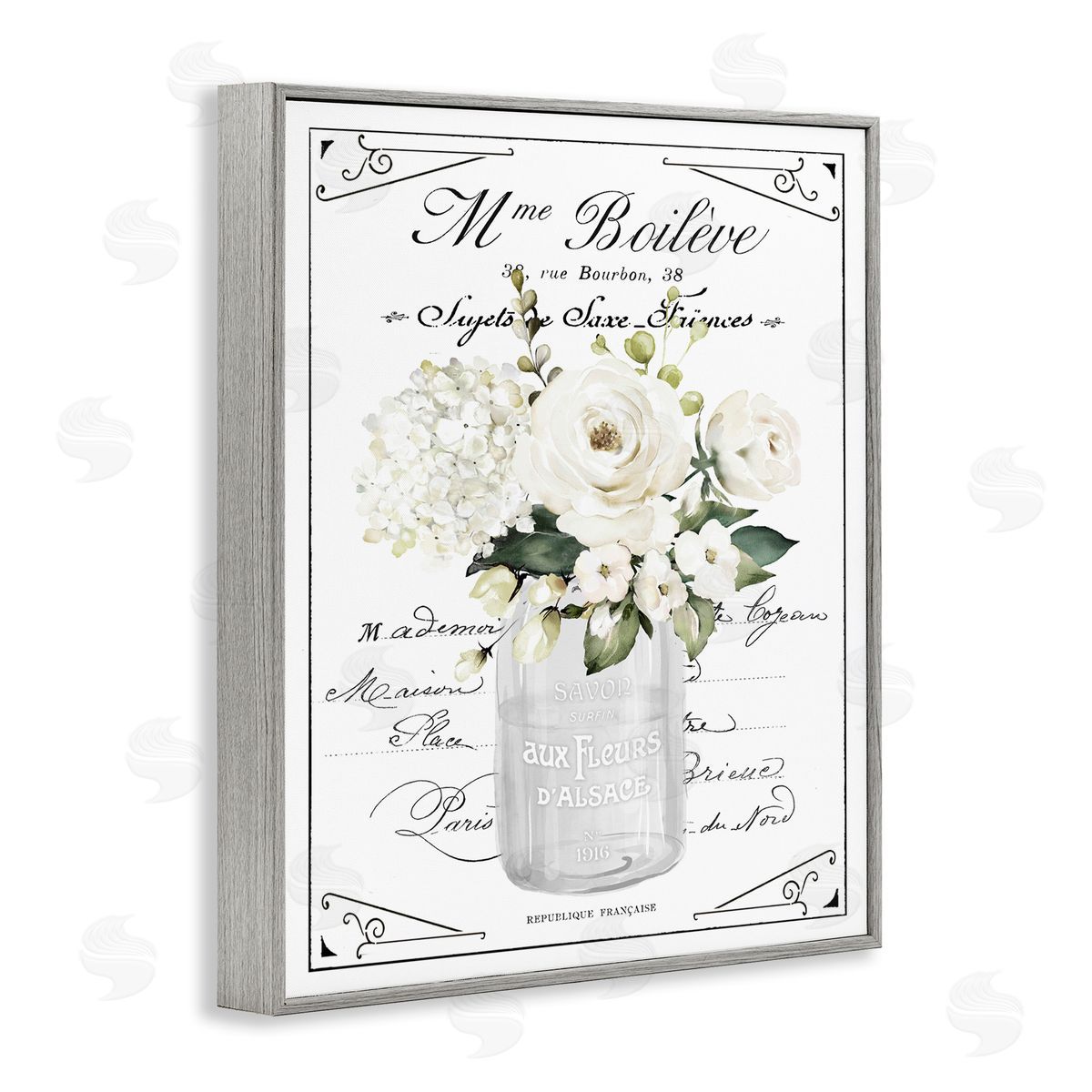 Lettered and Lined French White Flowers & Cursive Canvas Wall Art Print