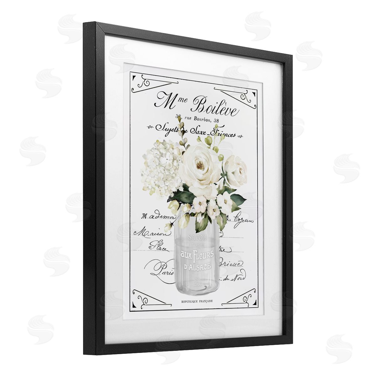Lettered and Lined French White Flowers & Cursive Canvas Wall Art Print